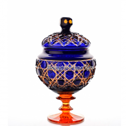 Хрустальная ваза для конфет с крышкой "Любава" рис. "Русский камень" цвет-янтарно-синий